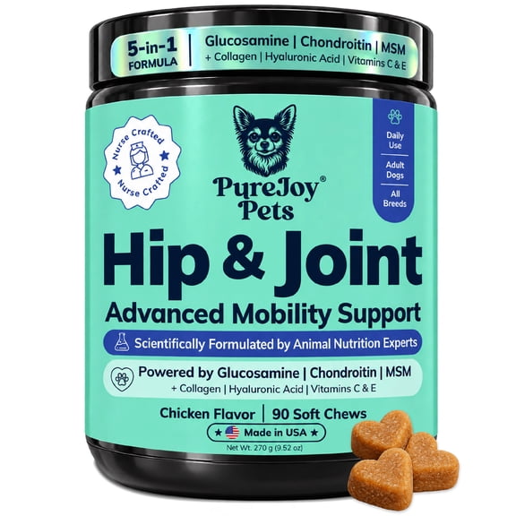 Pure Joy Pets Hip & Joint Supplement for Dogs, Advanced Mobility Support Soft Chews with Glucosamine, Chondroitin & MSM, Chicken Flavor, 90 Count.