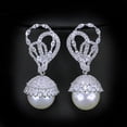 thumbnail image 5 of Elegant Silver Plated CZ Dangling Round Big Pearl Drop Earrings for Women Brides, 5 of 8