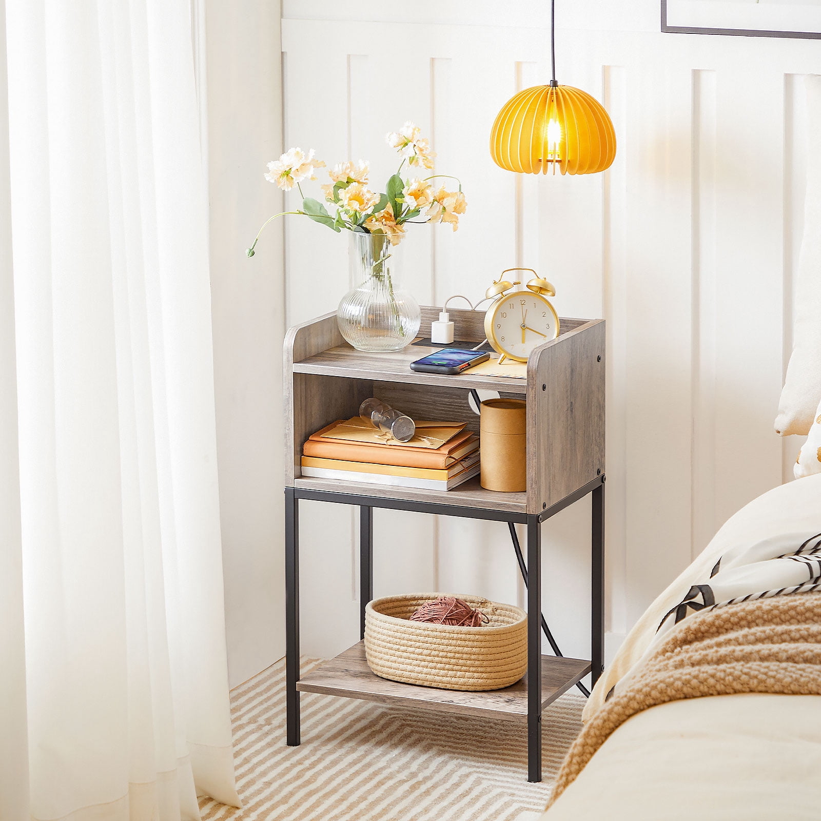 HOOBRO Nightstand with Charging Station & Drawer, Greige