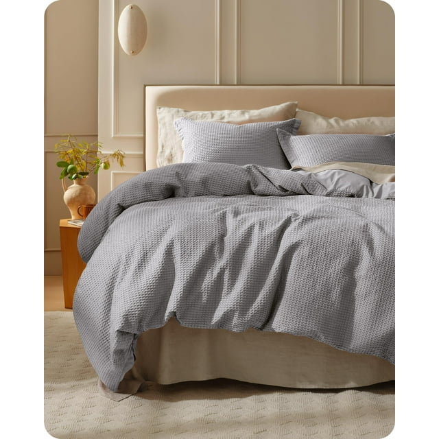 Juego de Funda de Edredón Bedsure de Algodón 100% Textura Gofrada Gris King Size