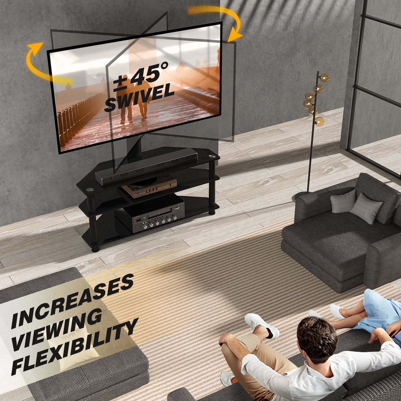 RTVR Modern 3 in 1 TV Table Stand for up to 75 inch Flat Panel, TV Mount Stand with Shelves Entertainment Center