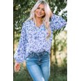 thumbnail image 3 of ABPHQTO Top de manga larga abullonada con cuello en V y estampado floral azul para mujer, 3 of 5