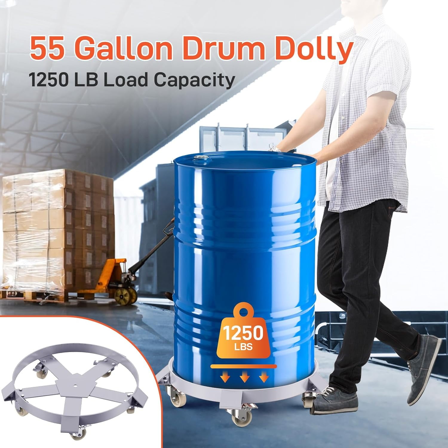 Mescukay 55 Gallon Steel Drum Dolly, Heavy Duty 1000lbs Load Capacity, Barrel Dolly Cart Drum Caddy, Hand Truck Dollies with Steel Frame 4 Swivel Casters Wheel, for Warehouse Drum
