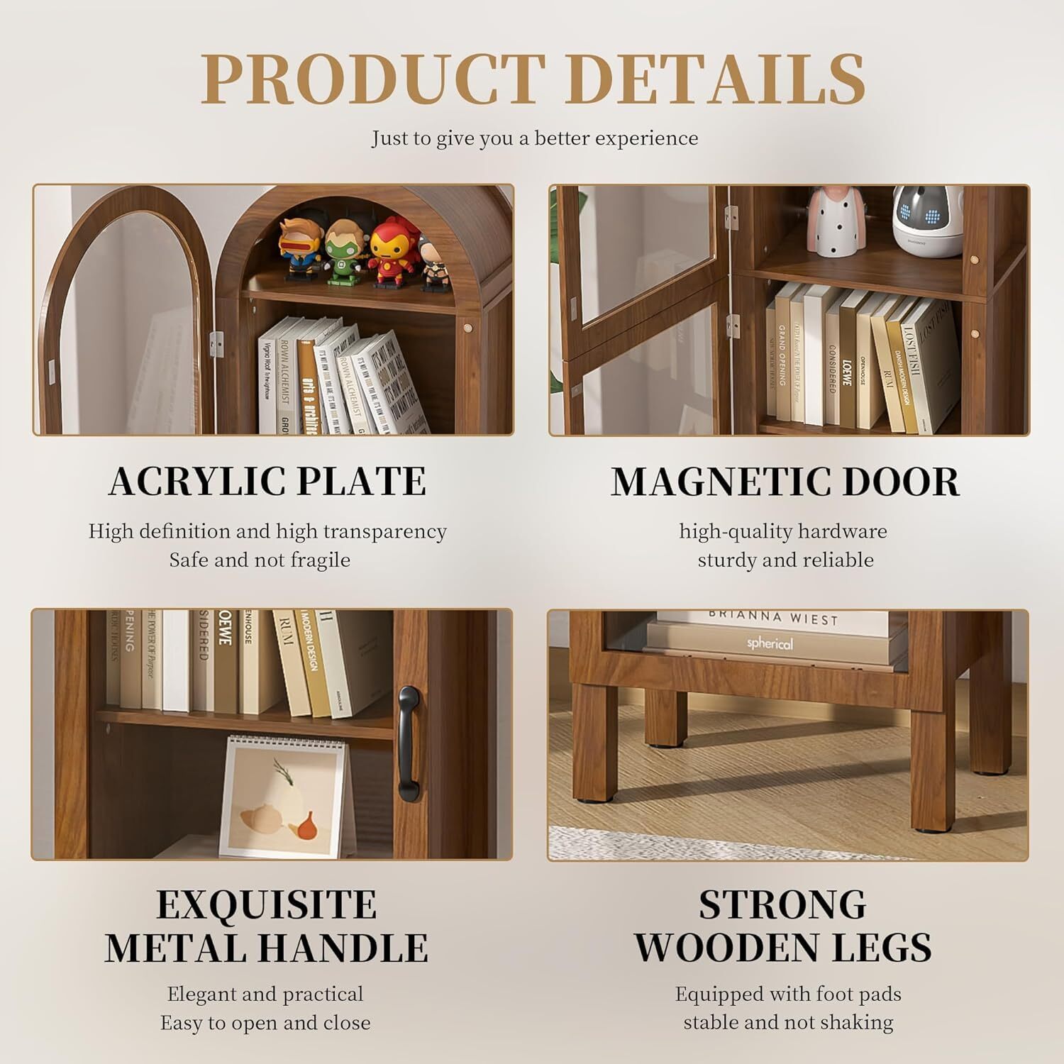 Fsbecl Tall Arched Storage Display Cabinet, Kitchen Pantry Cabinet with Doors, Walnut
