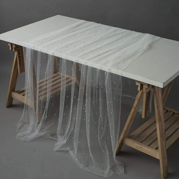 Voile Tablecloth White Artifical Pearl Table Cover Table Runner Photography Props for Romantic Bridal Shower Table (White, 57"x118")