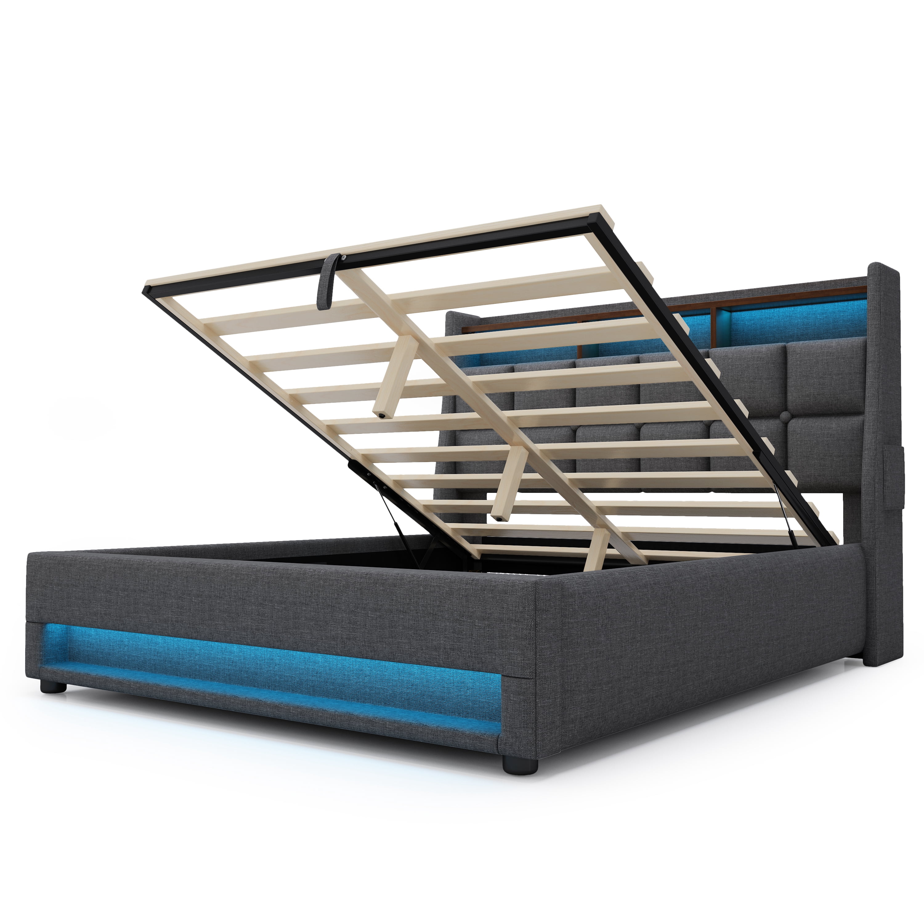 Full size Platform bed with Hydraulic Storage, LED and Charging Station, No Box Spring Needed