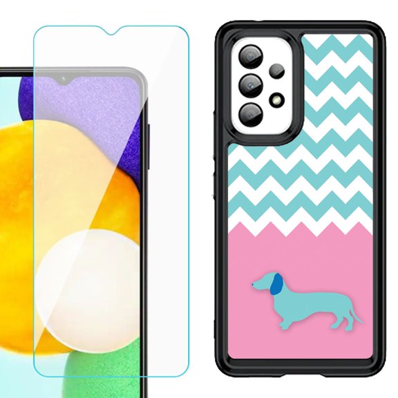 Shockproof Bumper (Black Frame) phone Case for Samsung Galaxy A23 5G, with Tempered Glass Screen Protector, by OneToughShield ® - Chevron/Dachshund/Puppy