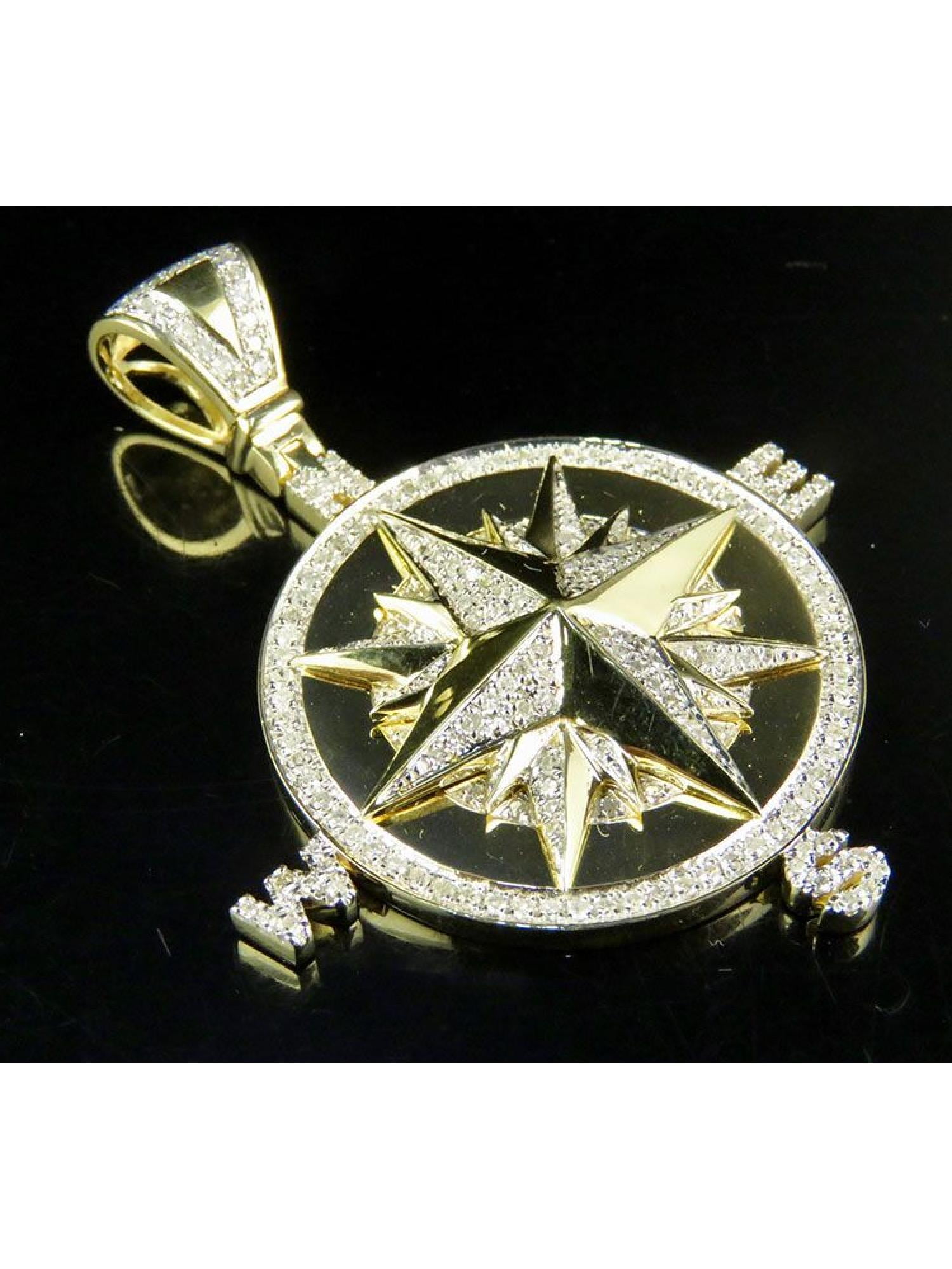 10K Yellow Gold Fn Diamond Compass Pendant Medallion Charm 1.65" Charm 0.50 Ct. 