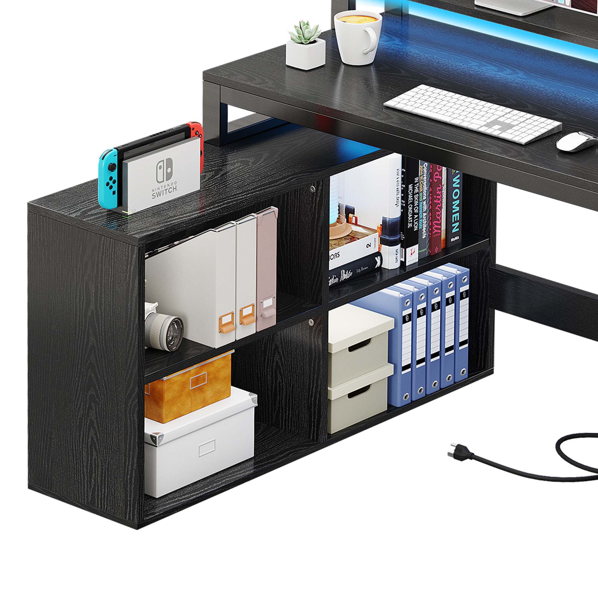 65" L Shaped Desk with Power Outlets and Monitor Stand , Computer Desk with LED Light &File Cabinet, Corner Desk with 3 Drawers & 4 Open Storage Shelves, White Modern Home Office Desk, Black