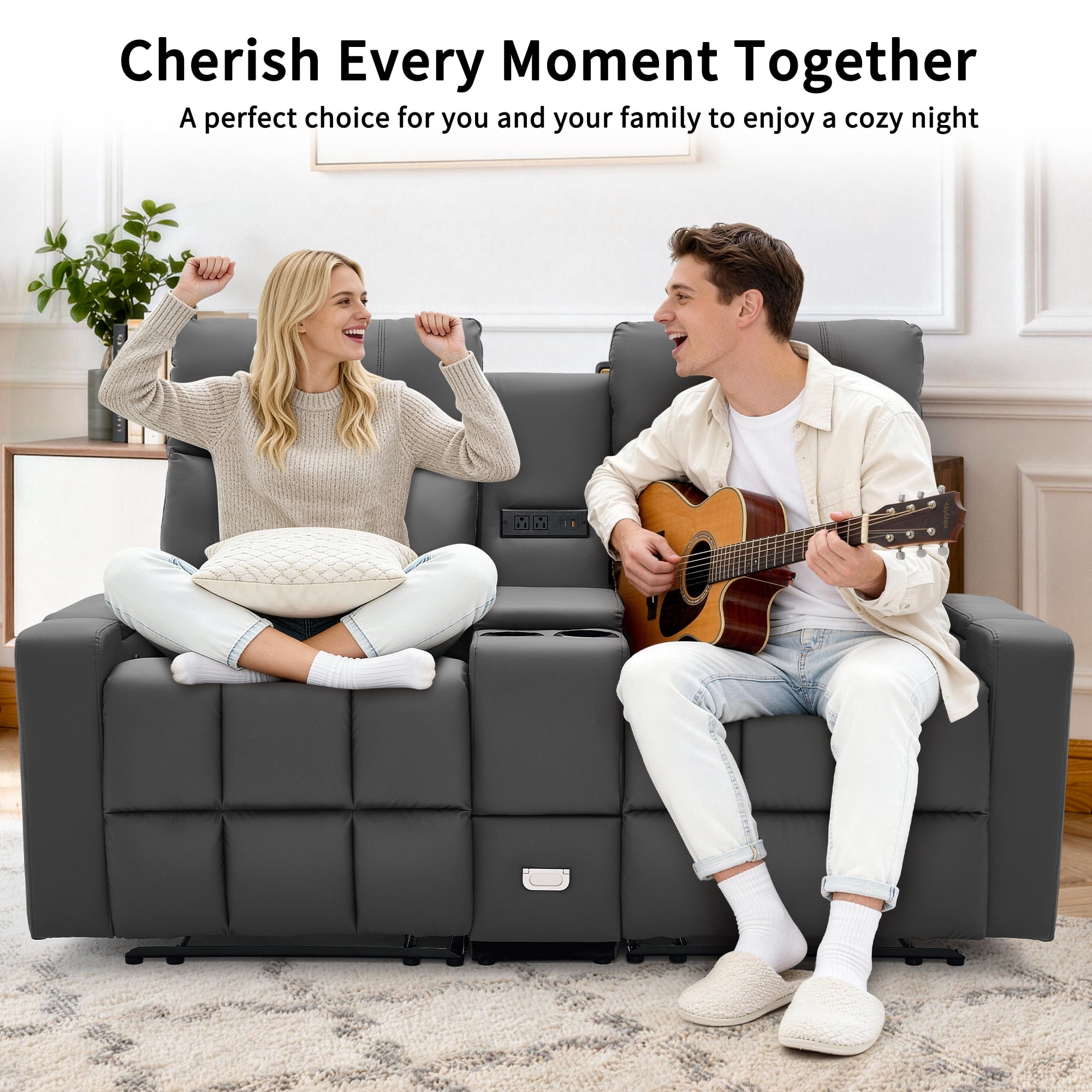 Korser Reclining Loveseat with Cup Holders,2-Seater Recliner Sofa with USB Ports & Type C Double Manual Recliner Chair for Living Room,Faux Leather,Grey