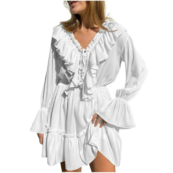 Enjoytime Casual Dresses for Women Solid Color V-Neck Ruffle Long Sleeve Short Dress Casual Elegant Party Dresses White M