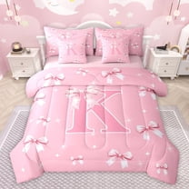 Castle Fairy Kids Teens Personalized Initial K Twin Bedding Sets 7-Piece,Kawaii Pink Ribbon Bowknot Bedding Comforter Set Microfiber,Dreamy Princess Breathable Sheet Sets,Luxury Bedroom Decor