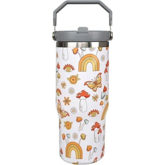 Mushroom 30 oz Tumbler with Handle and Flip Straw,Stainless Steel Double Wall Insulated Travel Bottle with Top Handle Lid, Spill-Proof Tumbler with Straw and Handle for Men Women