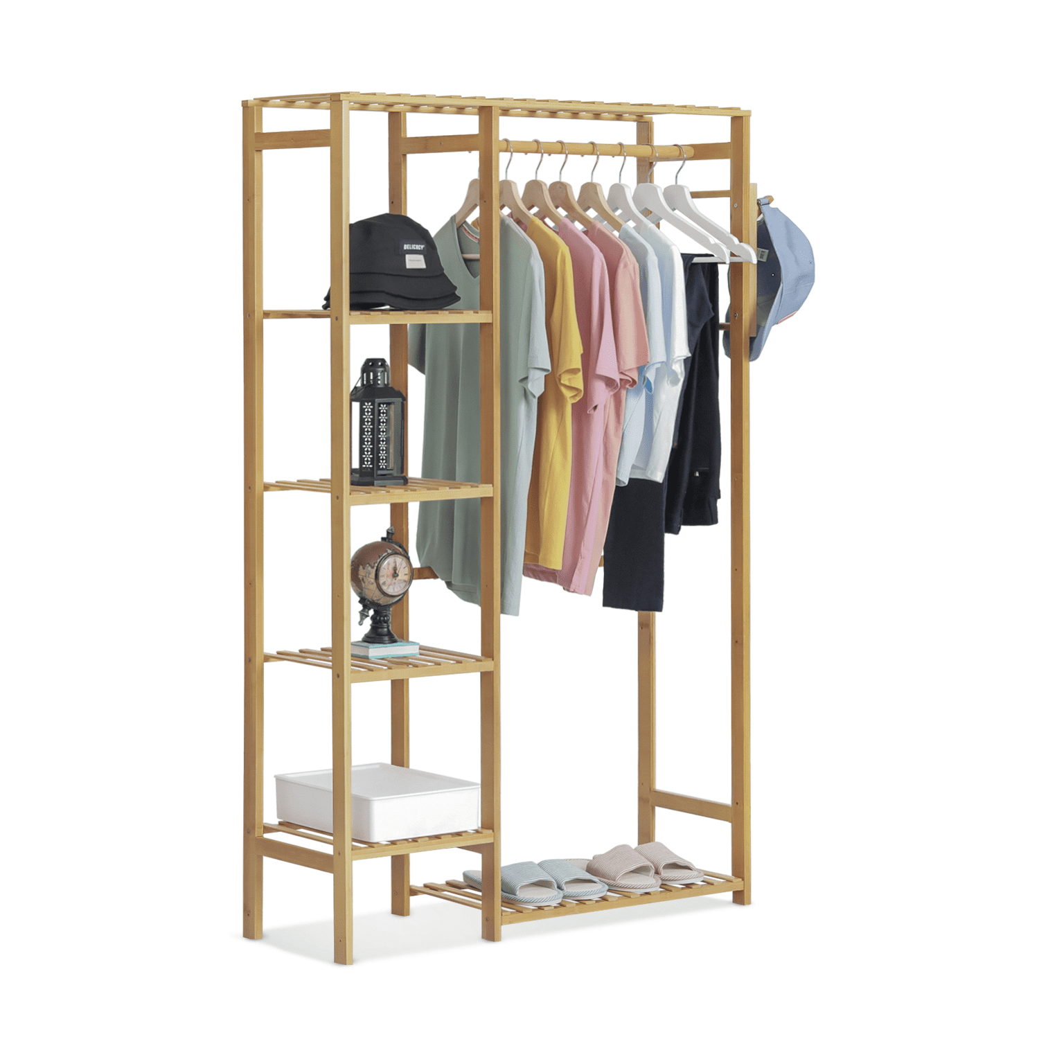Zerone Free Standing Bamboo Coat Rack Stand Multifunctional Bamboo Wardrobe Stand Mobile Clothes Storage Rack with 8 Coat Hooks 2-Tier Shoe Clothes Storage Shelves