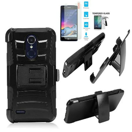 Phone Case for Straight Talk LG Rebel 4 (Tracfone)/ AT&T Prepaid Phoenix 4 Case / Aristo 3 Case / LG Tribute Empire Holster Belt Clip + Rugged Cover Stand (Holster Black Edge Case / Tempered (Best Burner Phone App)