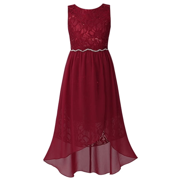 Miaeowve Flower Girl Sequin Lace Dress Girls Sleeveless High Low Party Dress Chiffon Junior Bridesmaid Dress Burgundy 8