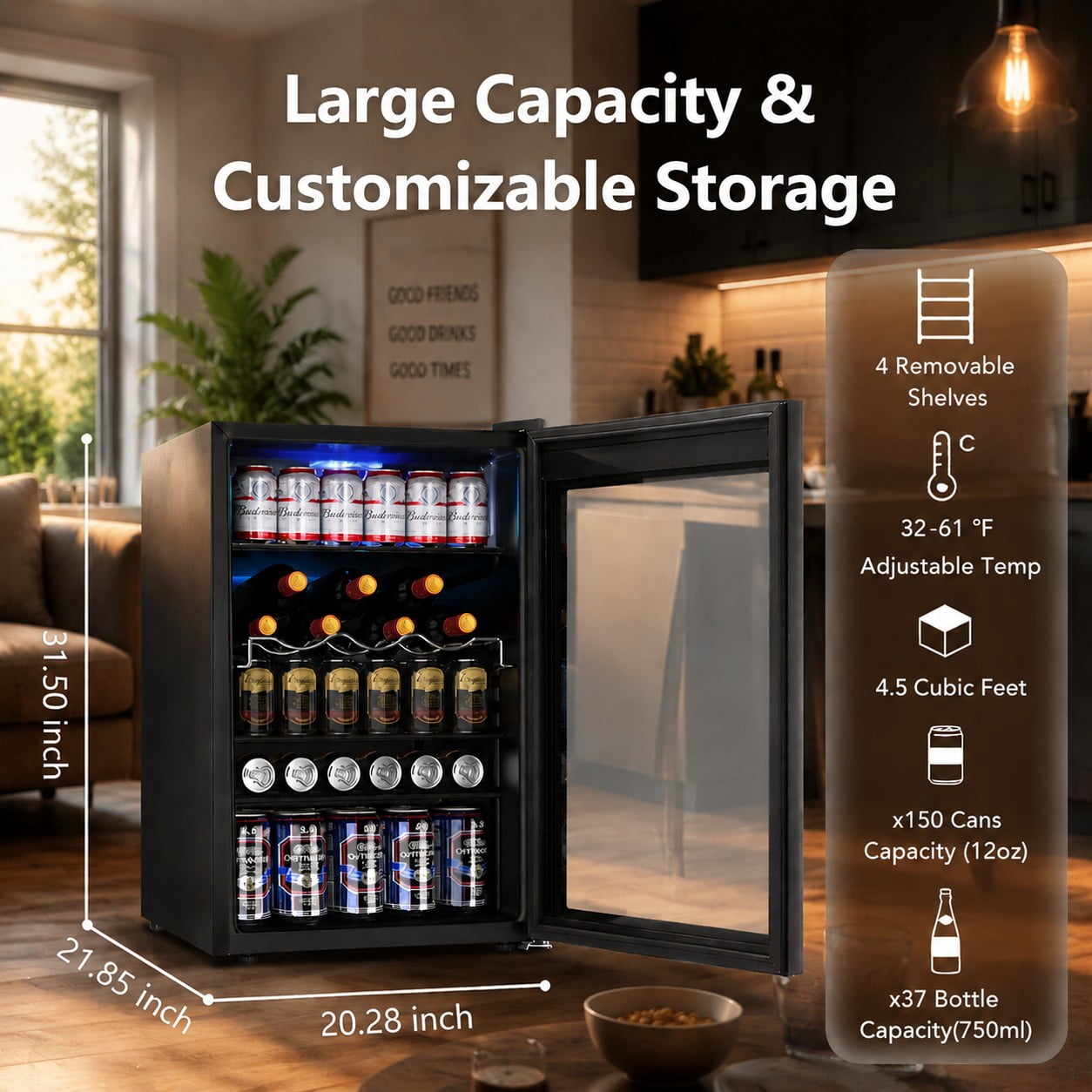 Auseo 150 Can Beverage Refrigerator Cooler,Drink Fridge with Black Glass Door, Touch Lock & Adjustable Shelf Wine Cooler for Home/Office/Bar