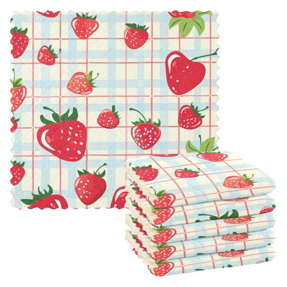 Ryvnso Strawberry on Plaid Pattern Kitchen Towels Dish Clothes for Drying Dishes Cleaning Absorbent Set of 6