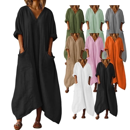 Fartey Summer Dresses for Women Cotton Linen 3/4 Sleeve V Neck Maxi Dress Loose Irregular Hem Flowy Dress Casual Vacation Beach Sundress with Pockets Black L