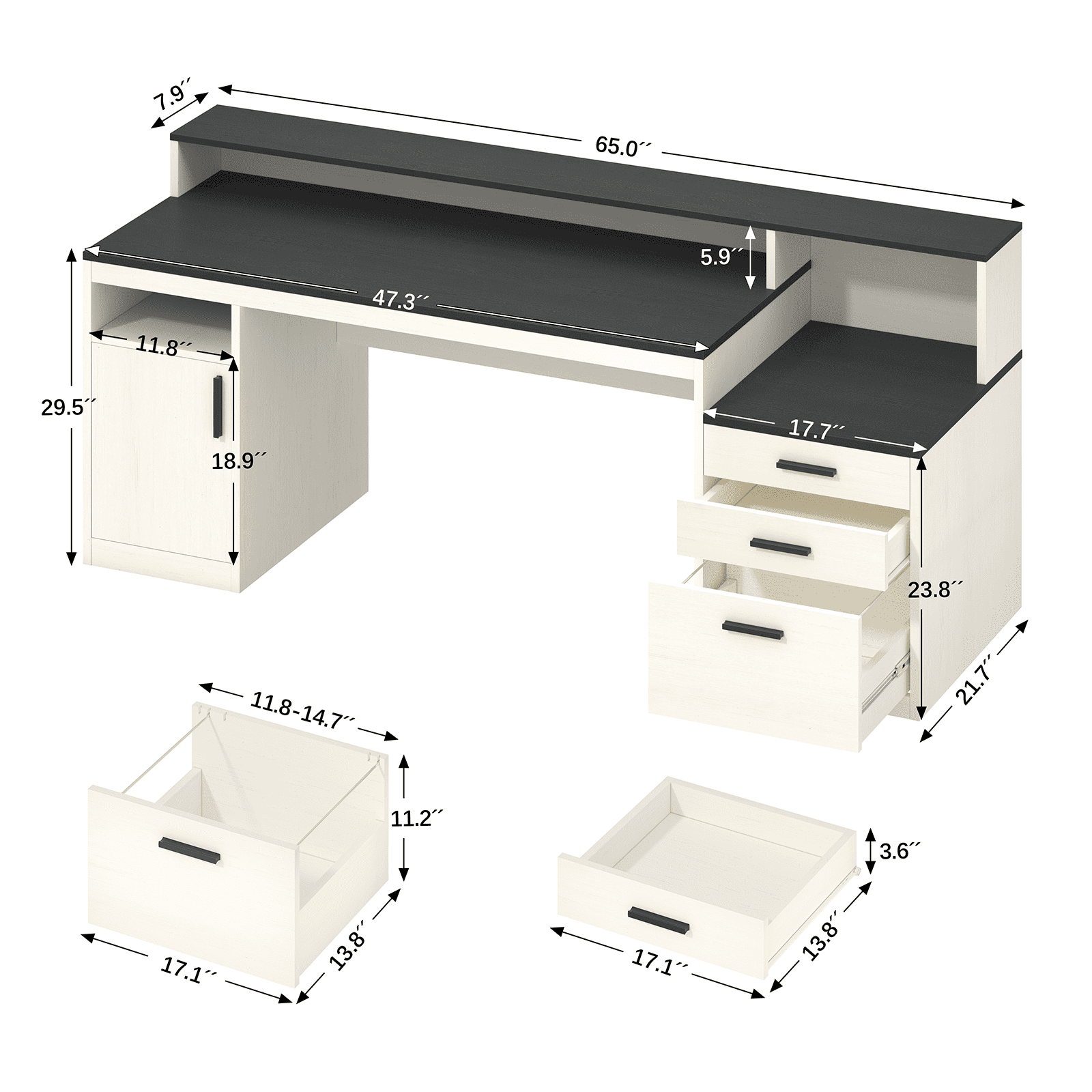 65 Inch Computer Desk with 3 Drawers & Storage Shelves, Executive Desk with File Drawer & Cabinet, Home Office Desk with Long Monitor Stand & Printer Shelf, Black & White