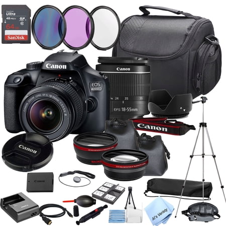 Canon EOS 4000D / Rebel T100 DSLR Camera with 18-55mm Zoom Lens + 64GB Memory + Lenses Filters Case Tripod and More30pc Bundle (International Version)