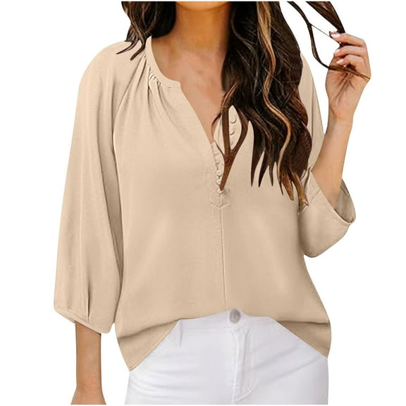 Hanen Womens Blouses Dressy Casual V Neck 3/4 Sleeve Tops Fashion Boho Chiffon Button Down Shirts