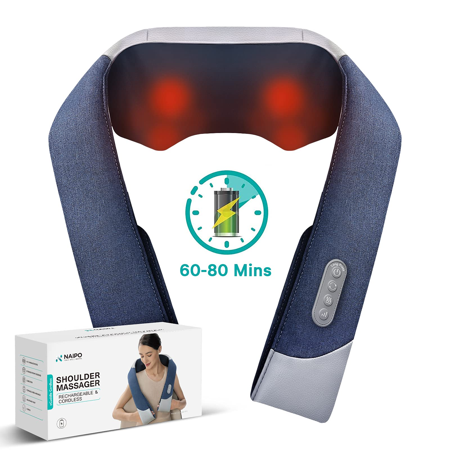 Naipo Cordless Rechargeable Back Massager Shiatsu Neck Shoulder Massager with 6 Nodes Bidirectional Rotation and Optional Heat, Gift for Family and Friends Home Office Car Use