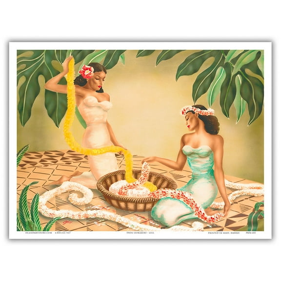 Twin Leimakers - Two Hawaiian Women making Leis - Vintage Hawaiian Airbrush Art by Gill c.1940s - Master Art Print (Unframed) 9in x 12in