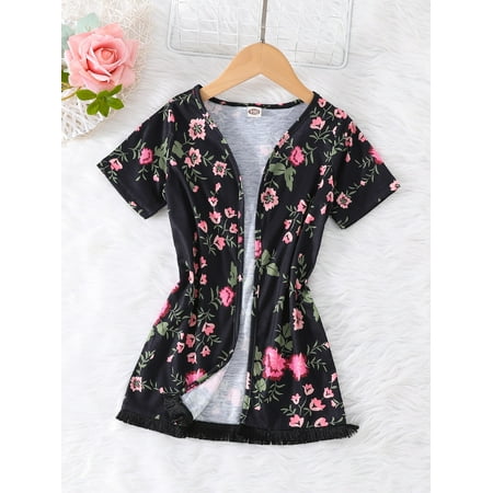 

Black Toddler Girls Floral Fringe Kimono 120 S040E