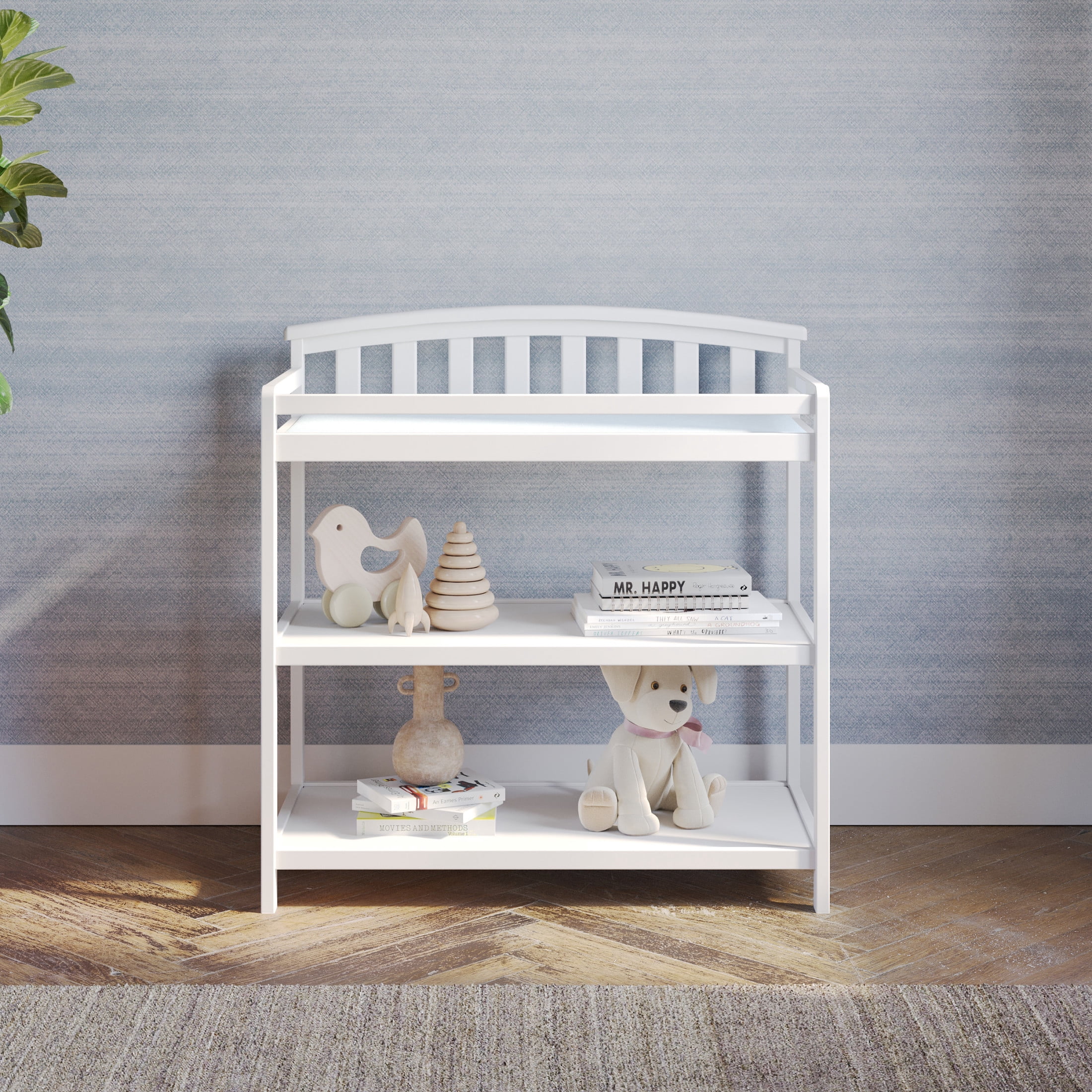 Child Craft Curve Top Changing Table with Pad & Strap, 2 Storage Shelves, Anti-Tip Kit, Matte White