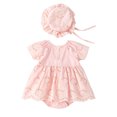 thumbnail image 2 of HWJAD Cotton Linen One-Piece Romper Dress and Hat Set for Infant Baby Girls Toddler Eyelet Embroidery Dresses Summer Outfits, 2 of 9