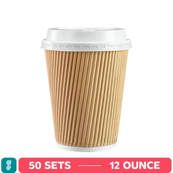 GUSTO 12 oz Kraft Disposable Coffee Cups with Lids, Insulated Paper Hot Cups for Coffee & Tea, 50 Count