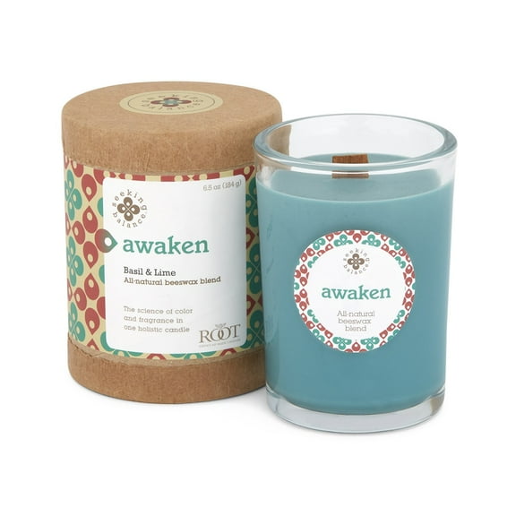 Root Candles Seeking Balance 6.5 oz Small Spa Candle, Awaken: Basil & Lime
