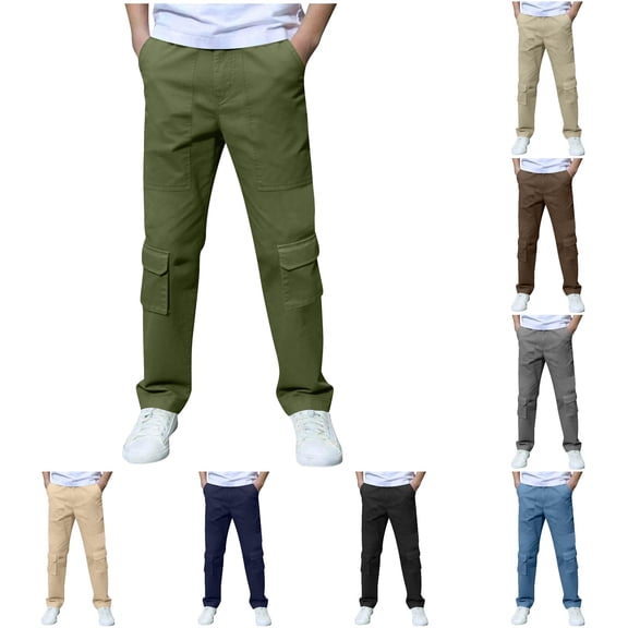 Boys Straight Leg Cargo Pants Elastic Waist Slim Fit Comfortable Solid Color Dress Pants for Kids School Versatile Casual Daily Wear,Khaki,Size 7 Y-8 Y