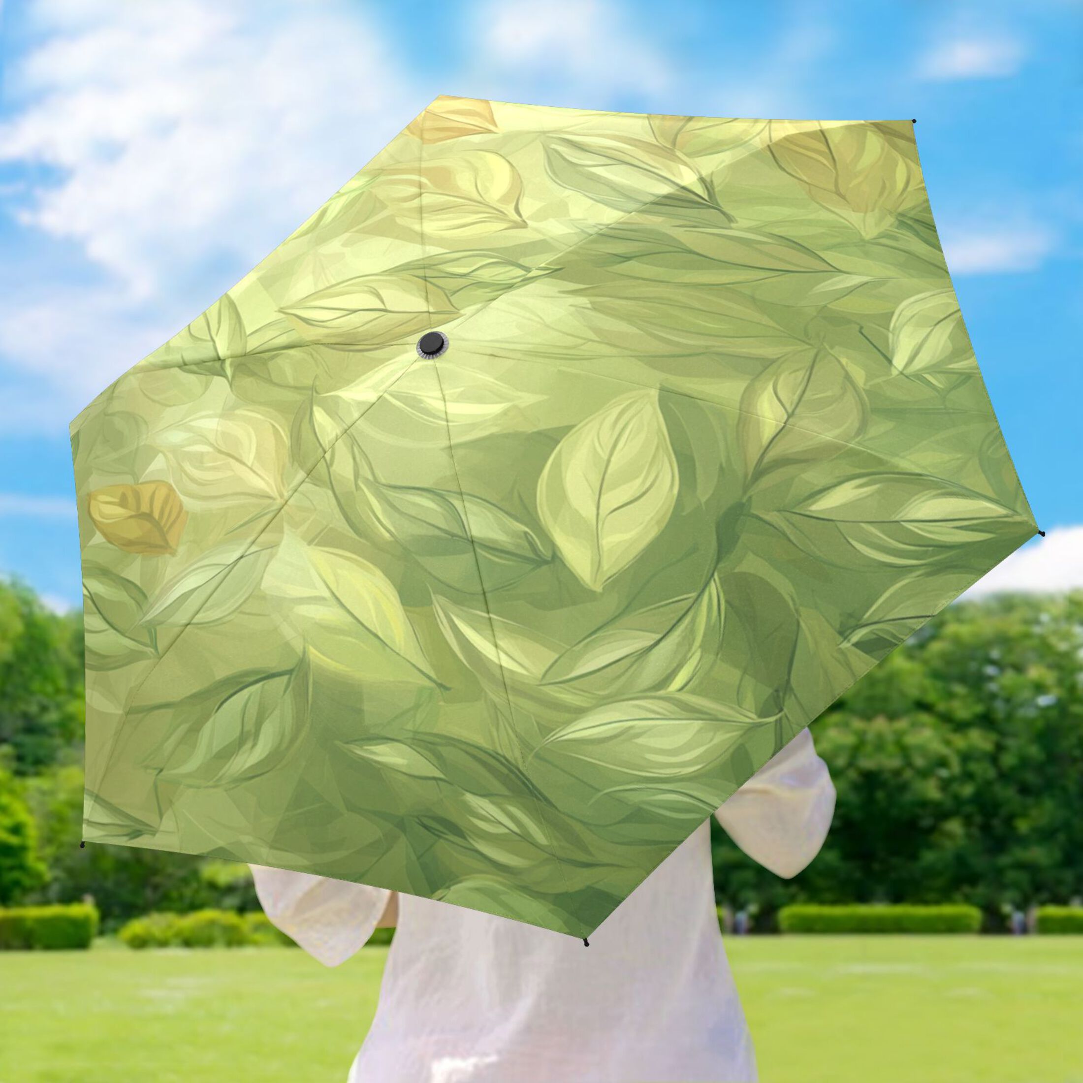 Spring Leaf Pattern Umbrellas for Sun Auto Open Close UV50+ Waterproof 5-Fold Compact Fiberglass Frame