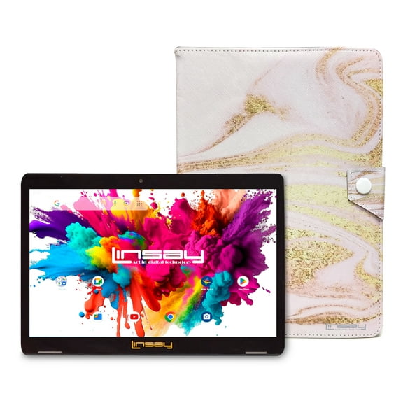 LINSAY 10.1" Octa Core 4GB RAM 128GB Storage New Android 15 with Pink Glaze Marble, Pop Holder and Pen Stylus