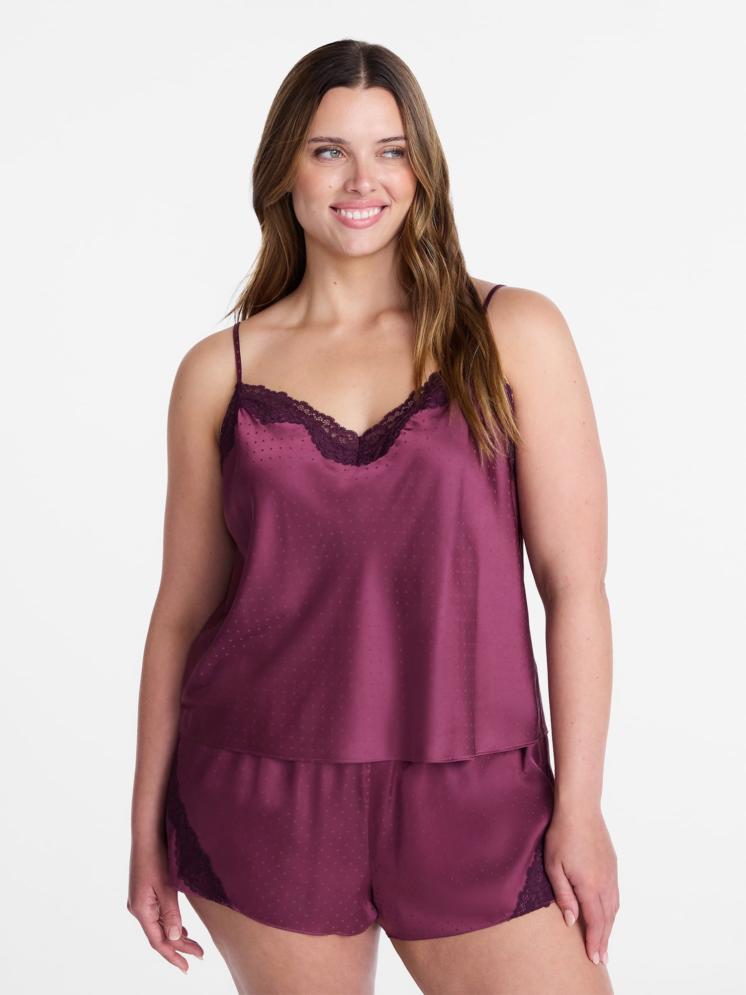 Joyspun Women’s Lace Trim Stretch Satin Cami and Shorts Set, 2-Piece, Sizes XS-3X