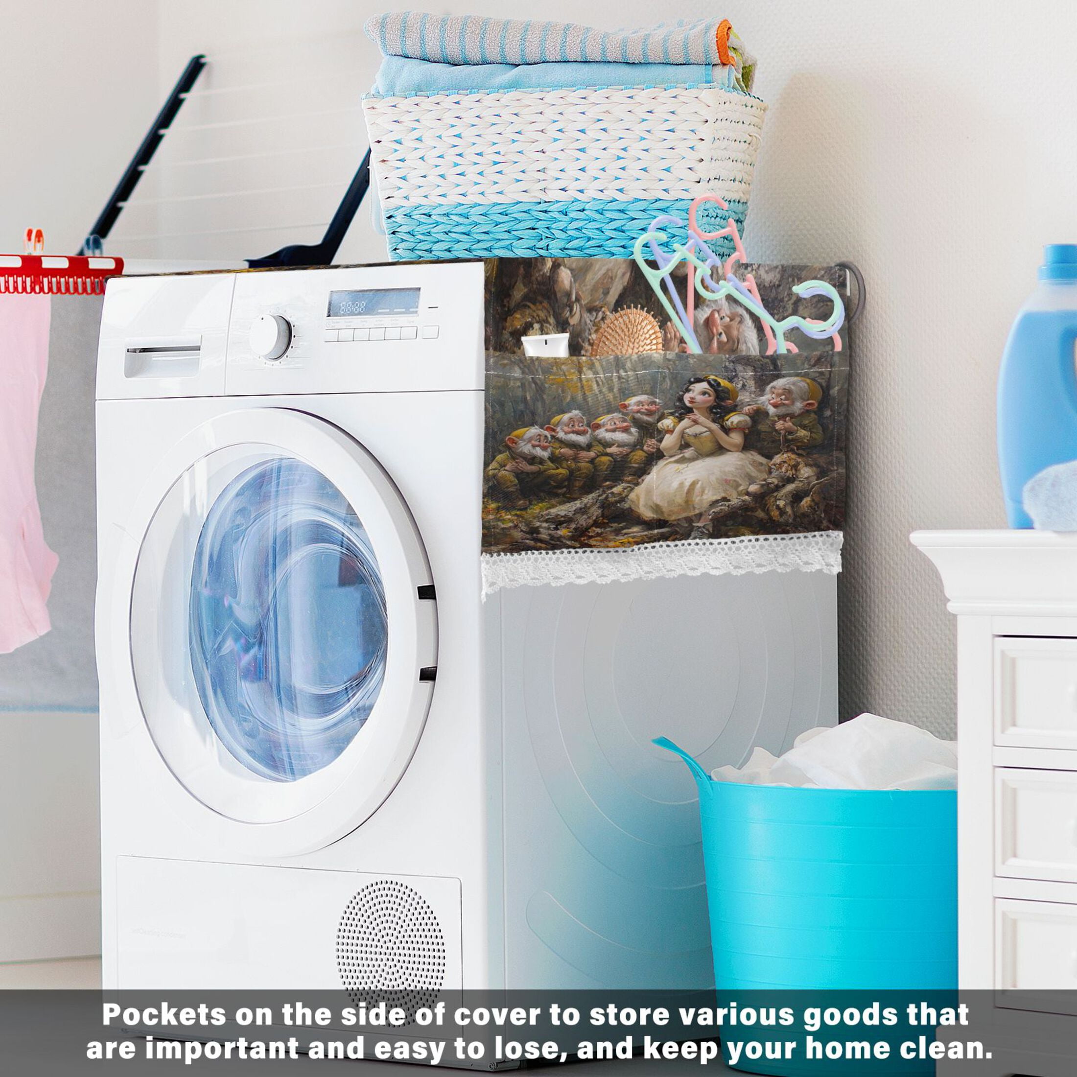 The Seven Dwarfs and Snow WhiteWasher and Dryer Covers Dust-Proof and Oil Resistant Fridge Cover with 4 Storage Pockets Washing Machine Top Cover for Laundry Kitchen Home 51.2 x 22 In