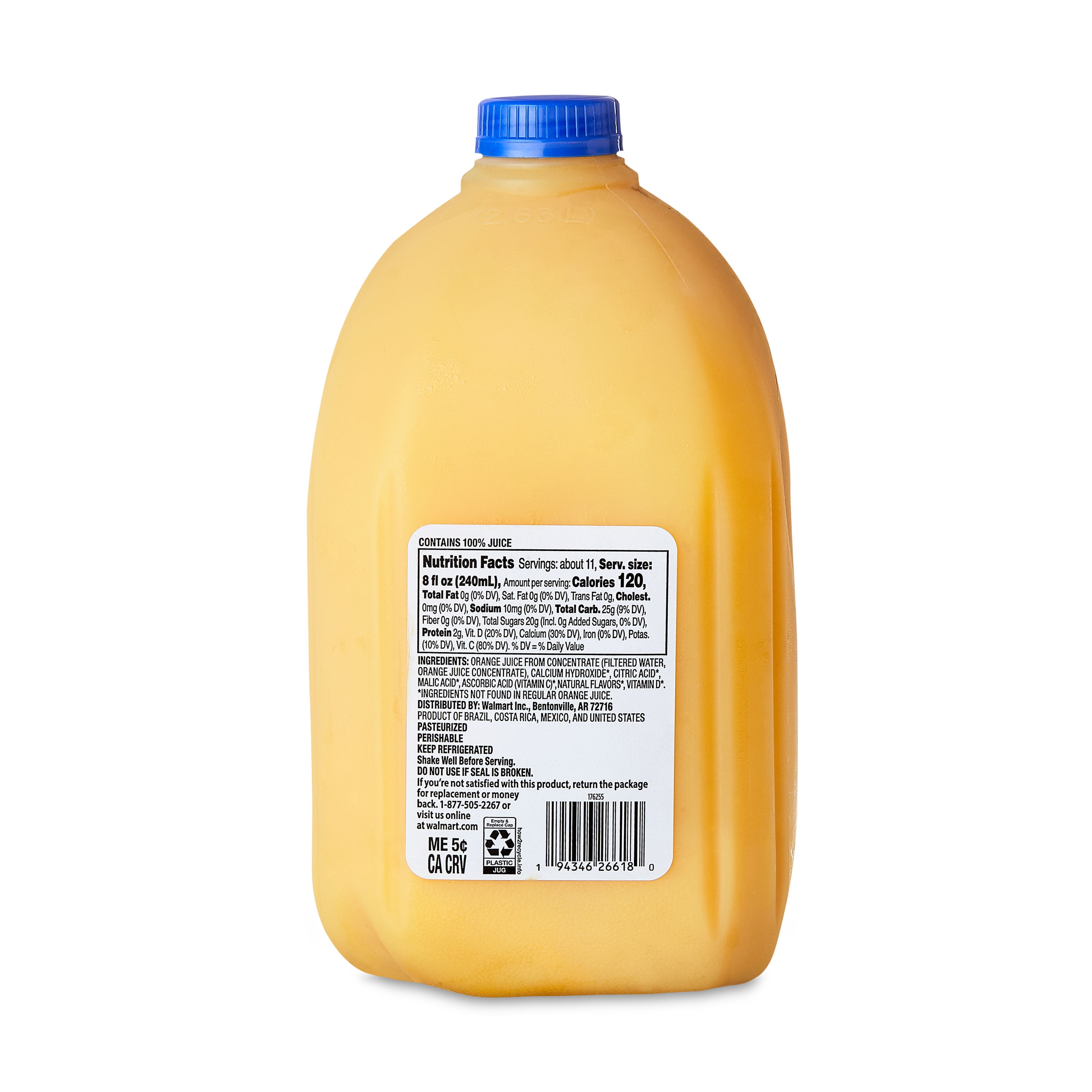 Great Value 100% Orange Juice from Concentrate, No Pulp, Calcium, and Vitamin D, 89 fl oz