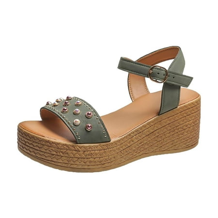 

Summer Savings Clearance! PEZHADA Womens Sandals Wedge Sandals for Women One-line Retro Slope Heel Thick Sandals Foreign Trade Large Roman Shoes Army Green