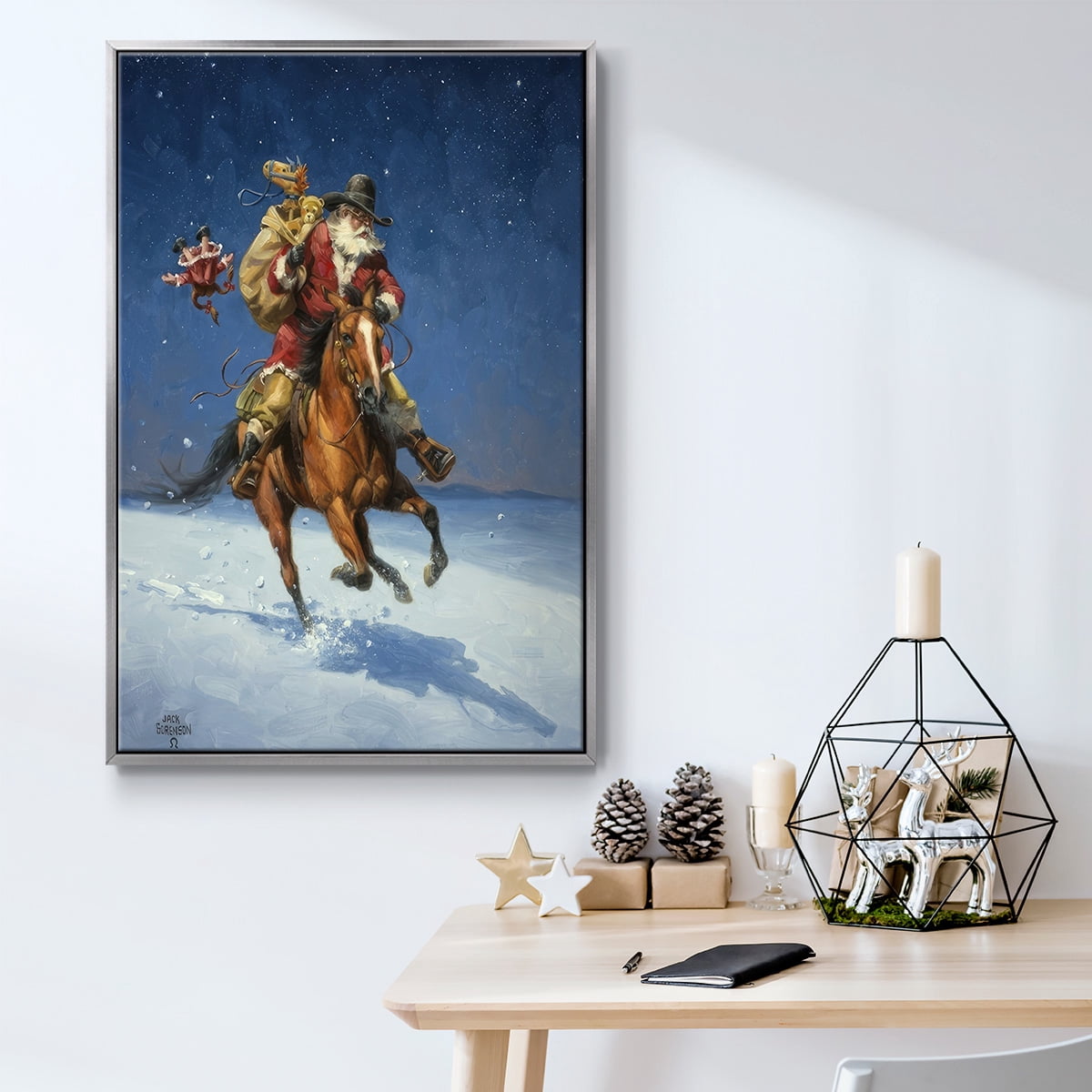 Midnight Rider - Framed Gallery Wrapped Holiday Canvas - 17 x 25 - Silver Frame