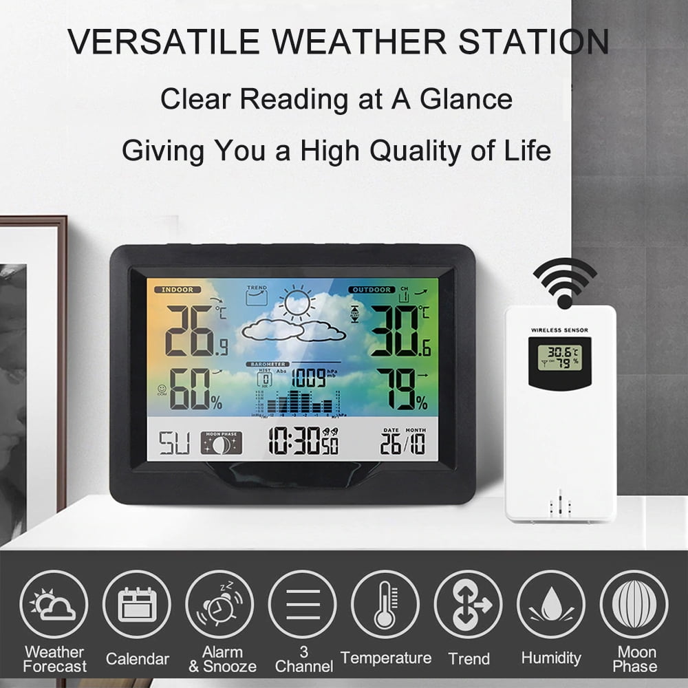 Wireless Weather Station Indoor  Color Screen Weather Forecast Station with  Sensor Digital Temperature and Humidity Gauge with Alarm Clock Moon Phase Backlight Sooze Mode