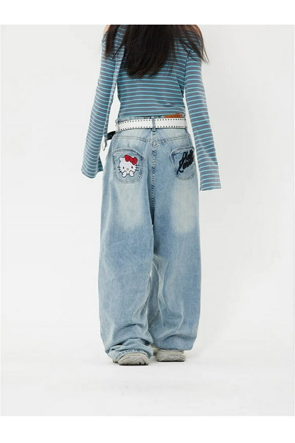 Sanrio Hello Kitty Y2k Baggy Jeans High Waist Wide Leg Pants Women American Street Retro Femme Hello Kitty Stuff Y2k Clothes