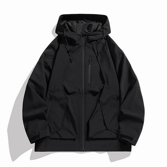 JMKQLZ Men's Fashion Casual Solid Color Pockets Zipper Jacket Long Sleeve Hooded Casual Outwear Coat, Black, Size: 2XL