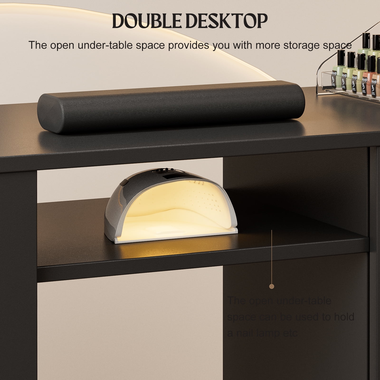 Manicure Station with Storage Drawers and Cabinet, Nail Tech Table with Foldable Tabletop, Nail Station with Lockable Wheels, Wrist Cushion, Nail Organizer & Foldable Trash Rack(Black)