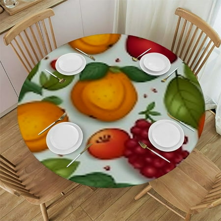 

Round Fitted Tablecloth Lemon Apples Round Table Cloth with Elastic Edged Persimmons Pears Peaches Waterproof Diameter