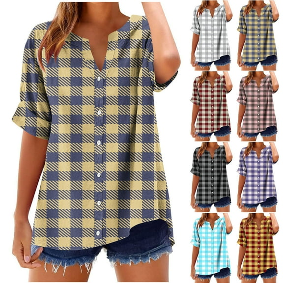 Ashirexll Ladies Tops and Blouses, Short Sleeve Tops for Women, V-neck Short Sleeve Striped Checkered Summer Button Short Sleeve Loose and Fashion T-shirt Top