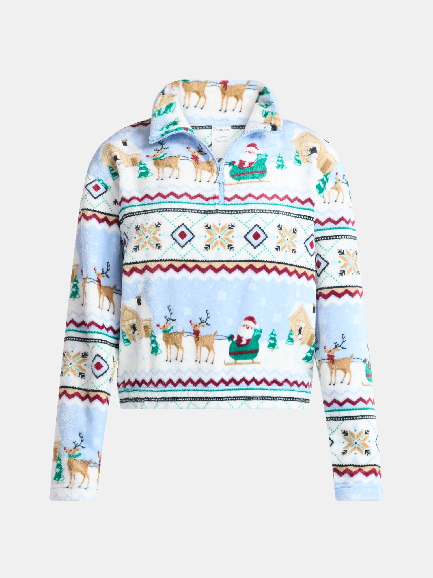 No Boundaries Christmas Quarter Zip Mock Neck Plush Top with Long Sleeves, Women's