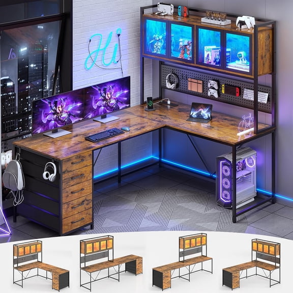 SEDETA L Shaped Gaming Desk with Drawers, L Shaped Computer Desk with Hutch and Storage Shelves, Gaming Desk with Pegboard, Led Lights, and Power Outlet, Home Office Desk, Corner Desk