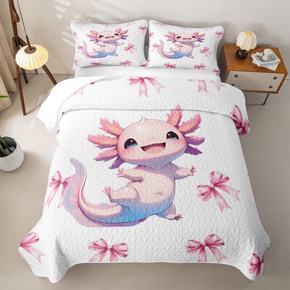 Erosebridal Cute Axolotl Twin Quilt Set For Kids,Pink Girly Bow Twin Coverlet Set For Girls,2-Piece